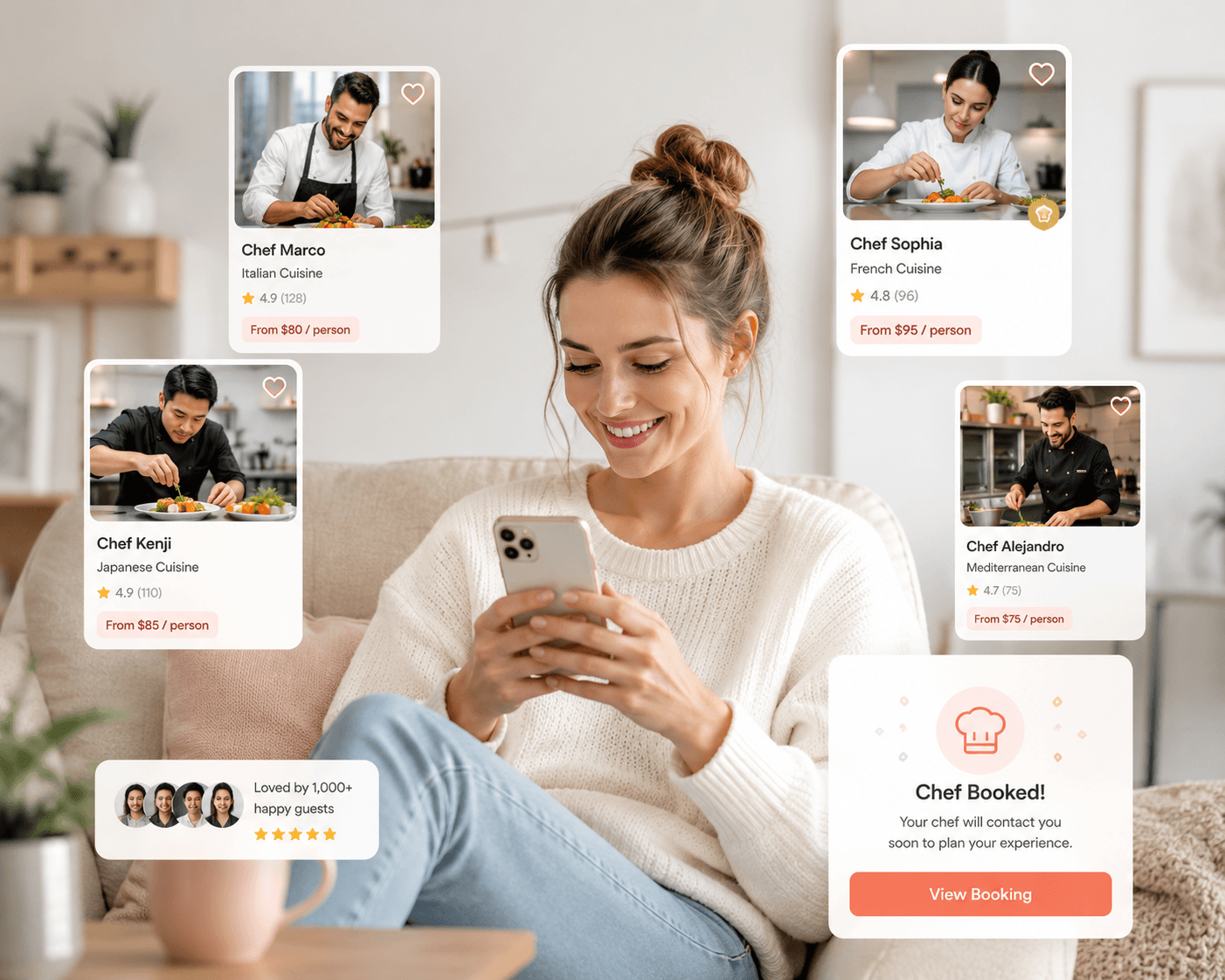 Guest booking a private chef on her phone with chef profiles and a booking confirmation