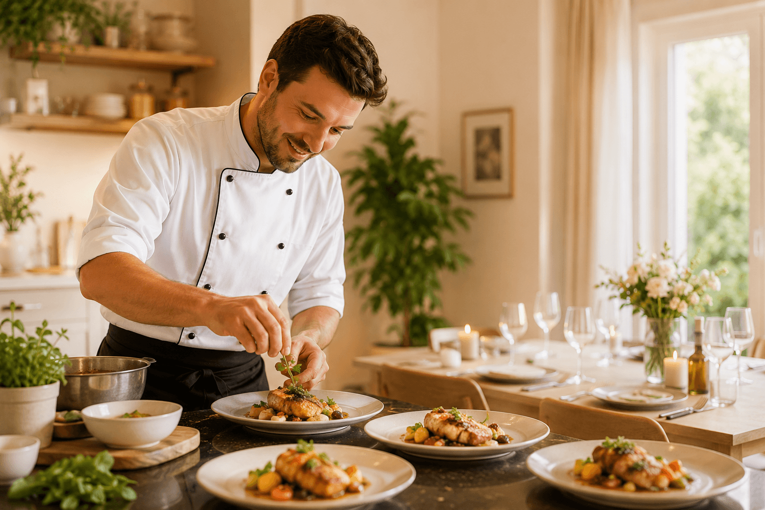 Private chef plating a dish surrounded by guest reviews